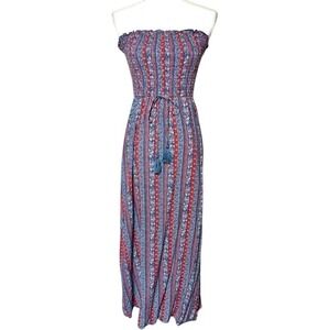 Band of Gypsies Bohemian Floral Strapless Dress Red and Blue Women Small